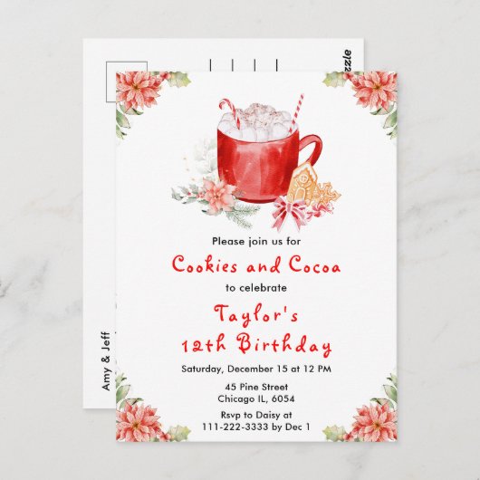 Christmas Cookies and Cocoa Birthday Party Red Briefkaart (Voorkant / Achterkant)