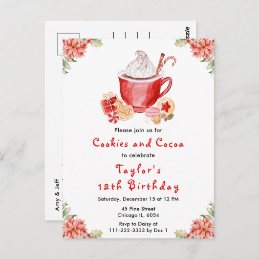 Christmas Cookies and Cocoa Birthday Party Red Briefkaart (Voorkant / Achterkant)