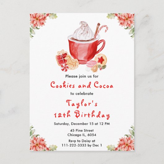 Christmas Cookies and Cocoa Birthday Party Red Briefkaart (Voorkant)