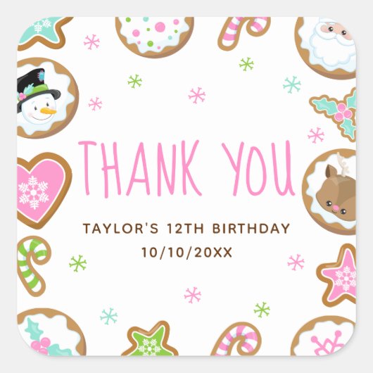 Christmas Cookies Birthday Party Pink Thank You Vierkante Sticker (Voorkant)