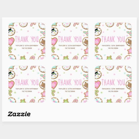 Christmas Cookies Birthday Party Pink Thank You Vierkante Sticker (Vel)