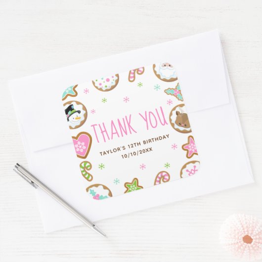 Christmas Cookies Birthday Party Pink Thank You Vierkante Sticker (Envelop)