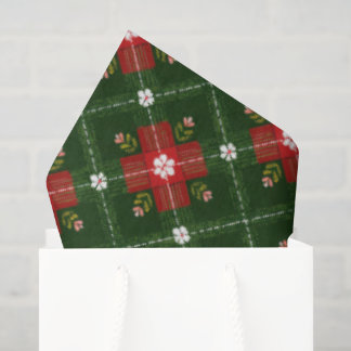 Christmas Cottagecore Plaid with Red Floral Cross Tissuepapier