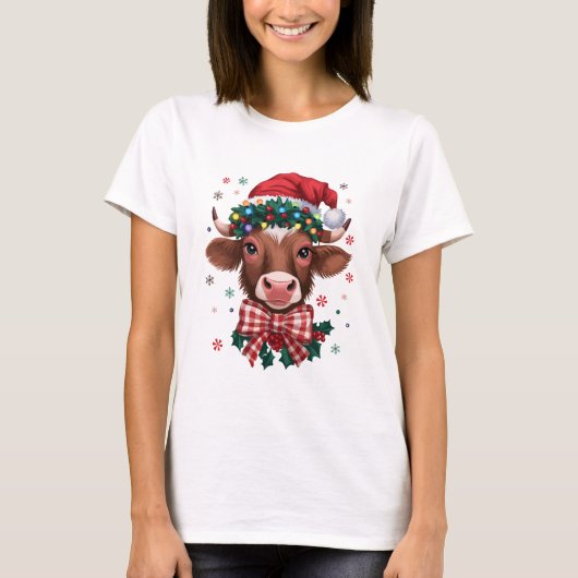 Christmas Cow with Santa Hat and Festive Lights T-shirt (Voorkant)