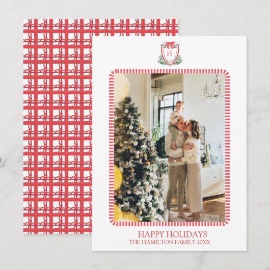 Christmas Crest Monogram Foto Grandmillennial Feestdagenkaart (Voorkant / Achterkant)