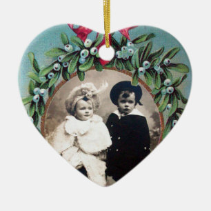 CHRISTMAS CROWN MISTLETOOES HEART FOTO TEMPLATE KERAMISCH ORNAMENT