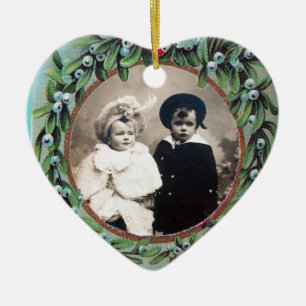 CHRISTMAS CROWN MISTLETOOES HEART FOTO TEMPLATE KERAMISCH ORNAMENT