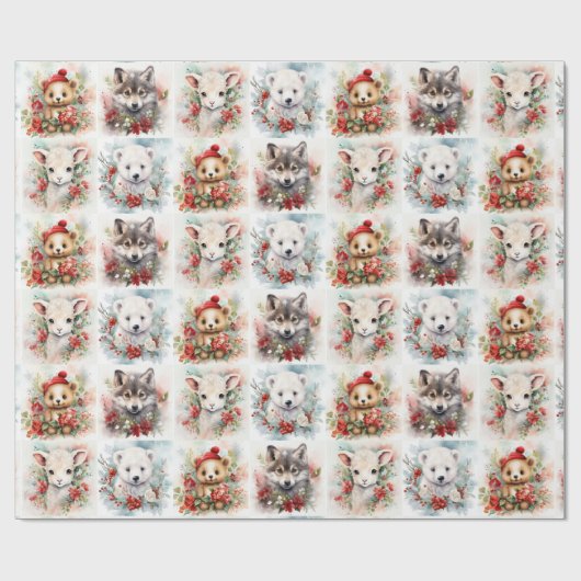 Christmas Cute Baby Animals Polar Bear Lamb Wolf Cadeaupapier (Vlak)