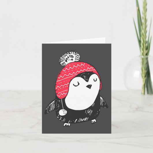 Christmas Cute Baby Penguin Wearing Winter Hat W_e Kaart (Voorkant)