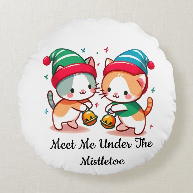 Christmas Cute Meet Me Under The MistleToe  Rond Kussen (Voorkant)