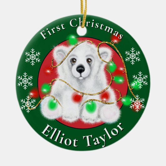 Christmas cute polar bear cub red green lights keramisch ornament (Voorkant)