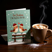Christmas Cute Romantic Love Birds in Falling Snow Kaart
