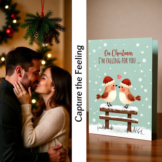 Christmas Cute Romantic Love Birds in Falling Snow Kaart