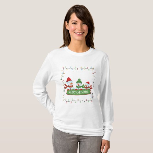 Christmas Cute Snowmen Lights Frame T-shirt (Voorkant volledig)