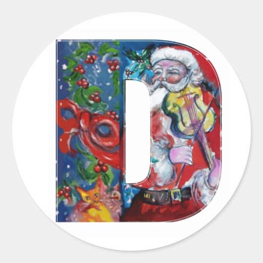 CHRISTMAS D BRIEF / SANTA MET VIOLIN MONOGRAM RONDE STICKER (Voorkant)