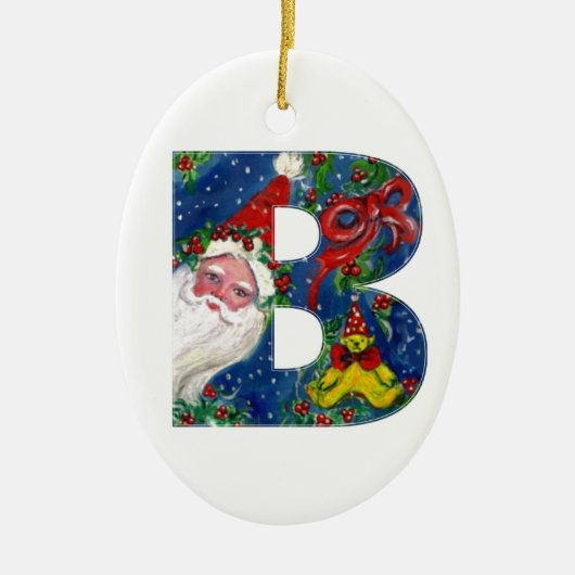 CHRISTMAS D LETTER/SANTA CLAUS MET RODE RIBBON KERAMISCH ORNAMENT (Voorkant)