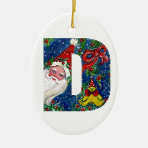 CHRISTMAS D LETTER/SANTA CLAUS MET RODE RIBBON KERAMISCH ORNAMENT