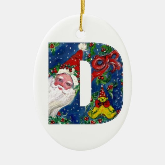 CHRISTMAS D LETTER/SANTA CLAUS MET RODE RIBBON KERAMISCH ORNAMENT (Voorkant)
