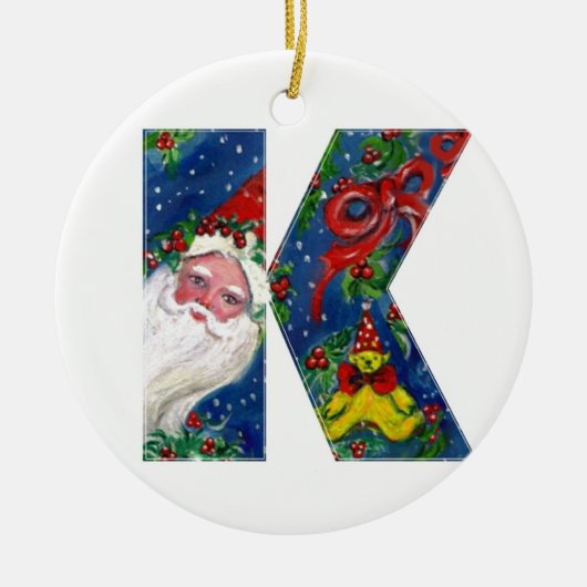 CHRISTMAS D LETTER/SANTA CLAUS MET RODE RIBBON KERAMISCH ORNAMENT (Voorkant)
