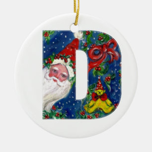 CHRISTMAS D LETTER/SANTA CLAUS MET RODE RIBBON KERAMISCH ORNAMENT