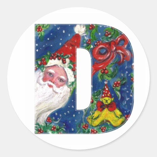 CHRISTMAS D LETTER/SANTA CLAUS MET RODE RIBBON RONDE STICKER (Voorkant)