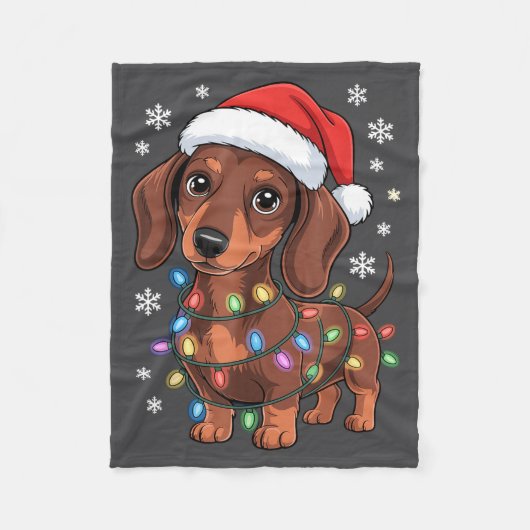 Christmas Dachshund Lights Santa Hat Holiday Dog L Fleece Deken (Voorkant)