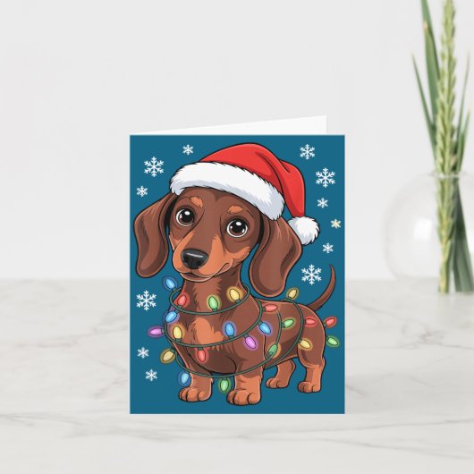 Christmas Dachshund Lights Santa Hat Holiday Dog L Kaart (Voorkant)
