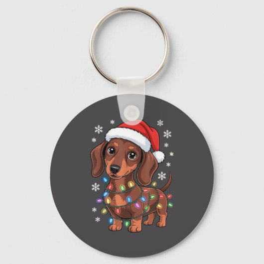 Christmas Dachshund Lights Santa Hat Holiday Dog L Sleutelhanger (Voorkant)