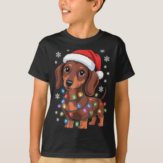 Christmas Dachshund Lights Santa Hat Holiday Dog L T-shirt (Voorkant)
