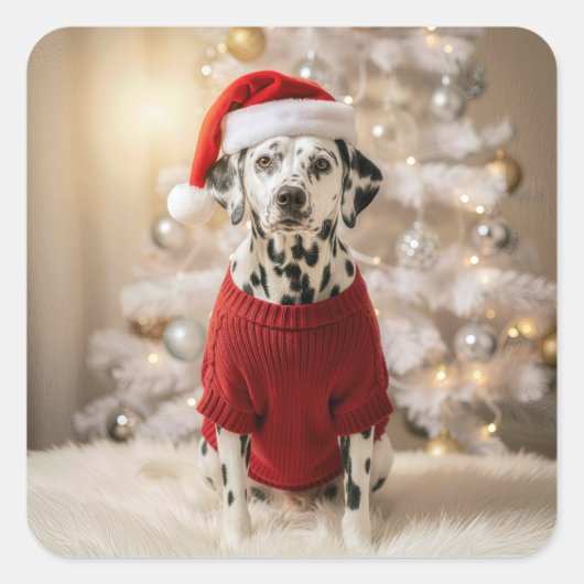 Christmas Dalmatian Dog In a Red Sweater Vierkante Sticker (Voorkant)