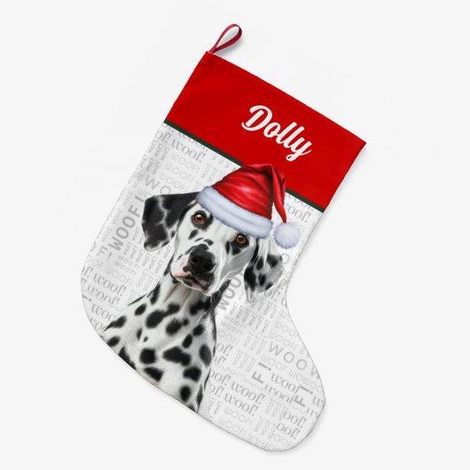 Christmas Dalmatian Dog with Name Woof Background Grote Kerstsok (Voorkant (Hangend))
