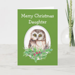 Christmas Daughter Cute Owl Bird Holly and PIne Feestdagen Kaart