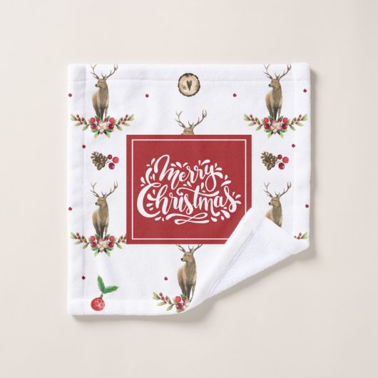 Christmas Deer Idyll Waterverf Bad Handdoek (Wasdoekje)