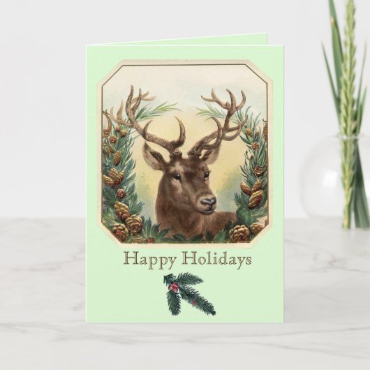 CHRISTMAS DEER MET PIJNCONS CROWN MINT GROEN FEESTDAGEN KAART (Voorkant)