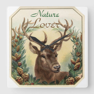 CHRISTMAS DEER MET PINE CONE CROWN NATUUR LOVER VIERKANTE KLOK