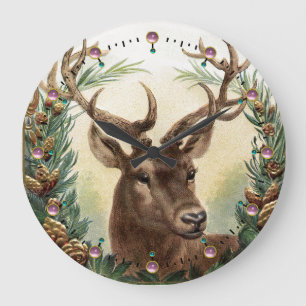 CHRISTMAS DEER, PIJN CONES CROWN EN PINK GEMSTONES GROTE KLOK