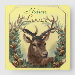 CHRISTMAS DEER, PINE CONE CROWN NATUUR LOVER Geel Vierkante Klok