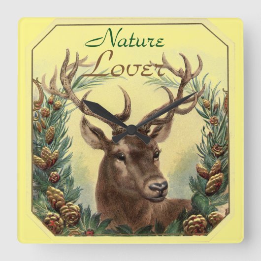 CHRISTMAS DEER, PINE CONE CROWN NATUUR LOVER Geel Vierkante Klok (Voorkant)