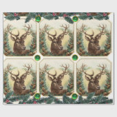 CHRISTMAS DEER, PINE CONES CROWN, GROENE GEMSTONES CADEAUPAPIER (Vlak)