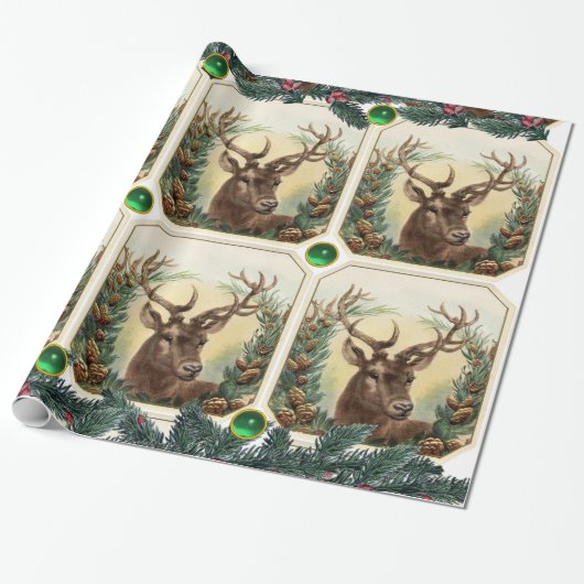 CHRISTMAS DEER, PINE CONES CROWN, GROENE GEMSTONES CADEAUPAPIER (Uitgerold)