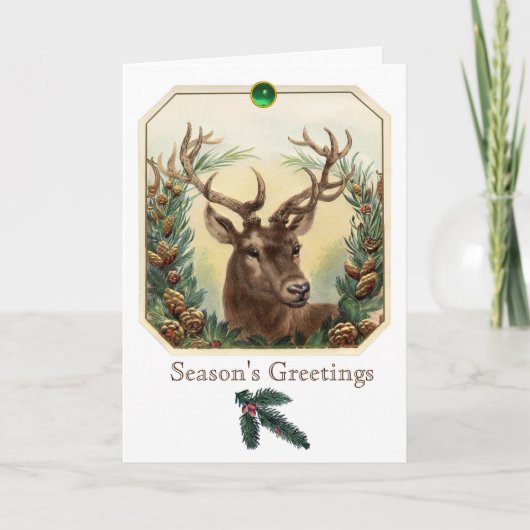 CHRISTMAS DEER, PINE CONES CROWN, GROENE GEMSTONES FEESTDAGEN KAART (Voorkant)
