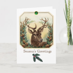 CHRISTMAS DEER, PINE CONES CROWN, GROENE GEMSTONES FEESTDAGEN KAART