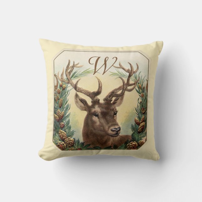 CHRISTMAS DEER, PINE CONES CROWN MONOGRAM CROOM KUSSEN (Voorkant)