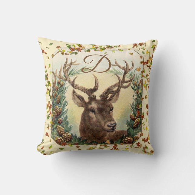 CHRISTMAS DEER, PINE CONES CROWN MONOGRAM Ivory Kussen (Voorkant)