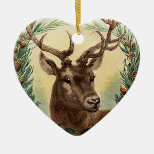CHRISTMAS DEER, PINE CONES CROWN, RED GREEN GEMS KERAMISCH ORNAMENT