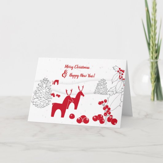 Christmas Deer, Red Hand Drawn Holly & Pine Cones Feestdagen Kaart (Voorkant)