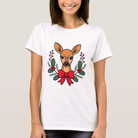 Christmas Deer with Red Bow Holly Wreath Holiday T-shirt (Voorkant)