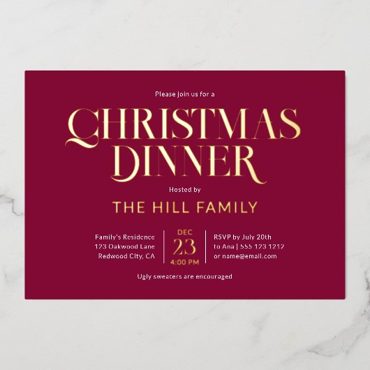 Christmas Dinner Elegant Red Folie Uitnodiging (Voorkant)