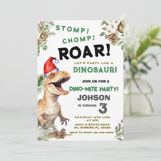Christmas Dino Stomp Chomp Roar Verjaardag Kaart (Staand voorkant)