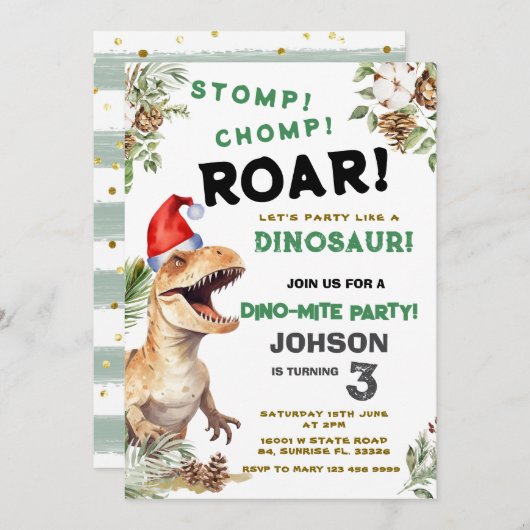 Christmas Dino Stomp Chomp Roar Verjaardag Kaart (Voorkant / Achterkant)